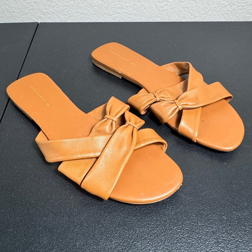 ZARA WOMAN Brown Leather Bow‎ Slide Sandals Flat EU 40 US 9.5